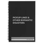 Small black spiral notebook laser etched with 'Pickup Lines' design