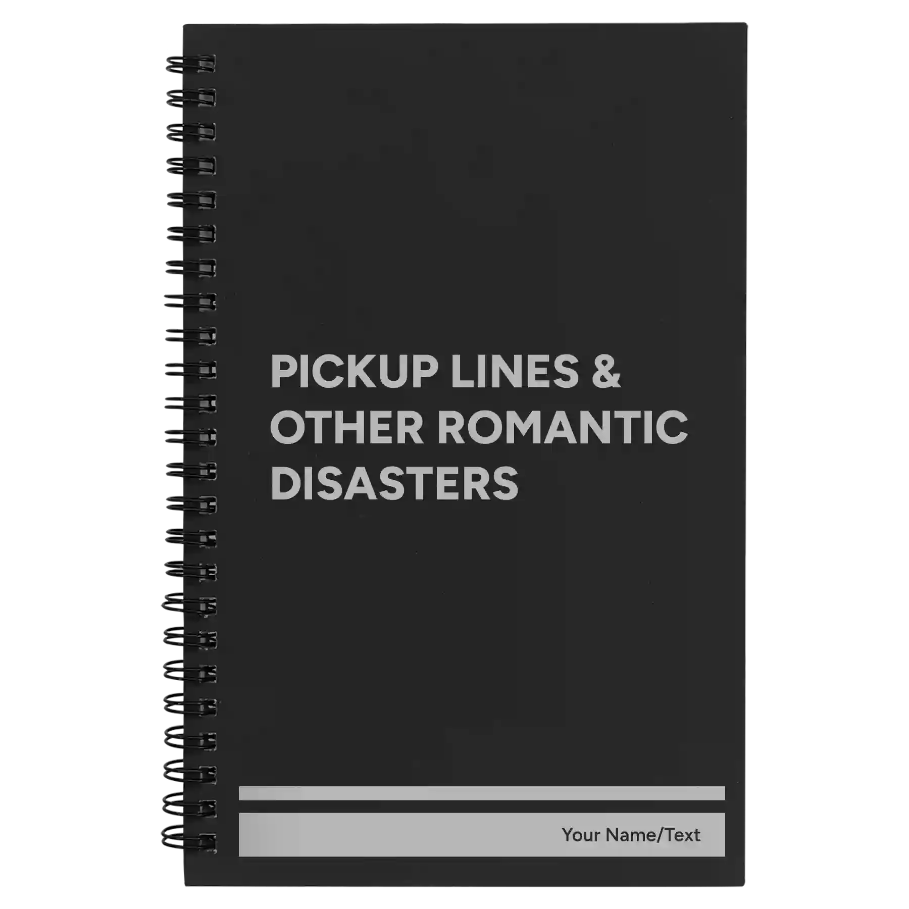 Small black spiral notebook laser etched with 'Pickup Lines' design