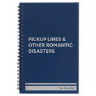Small blue spiral notebook laser etched with 'Pickup Lines' design
