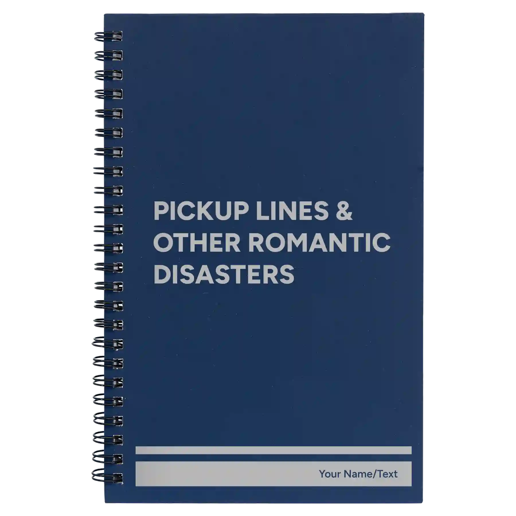 Small blue spiral notebook laser etched with 'Pickup Lines' design