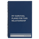 Small blue spiral notebook laser etched with 'My Survival Plans' design