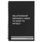 Small black spiral notebook laser etched with 'Relationship Remarks' design