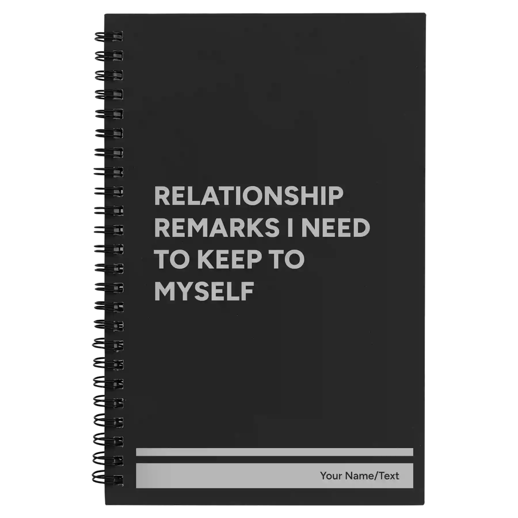 Small black spiral notebook laser etched with 'Relationship Remarks' design