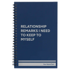 Small blue spiral notebook laser etched with 'Relationship Remarks' design