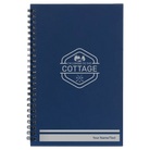 Small blue spiral notebook laser etched with 'I'm Coming to the Cottage (Trees)' design