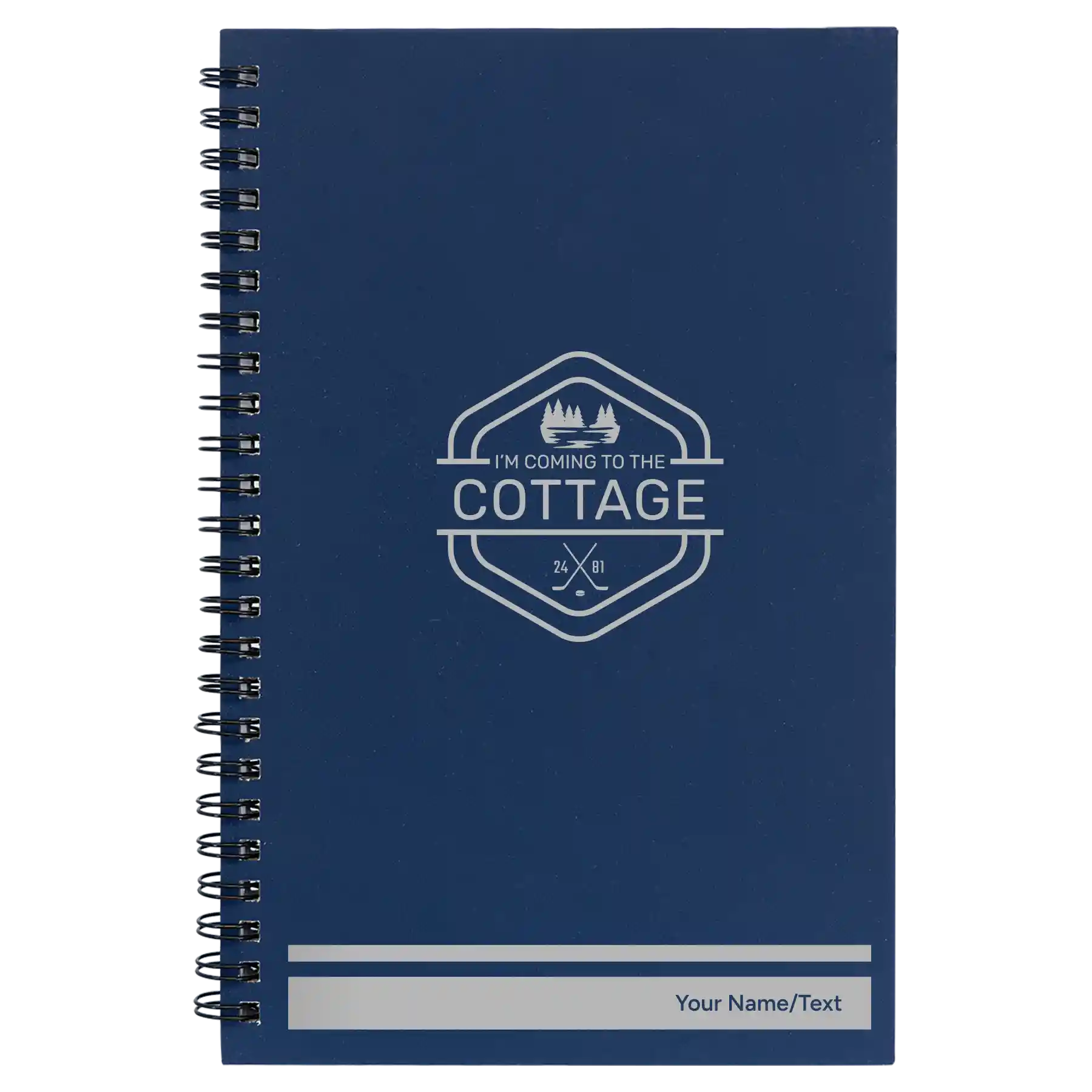 Small blue spiral notebook laser etched with 'I'm Coming to the Cottage (Trees)' design