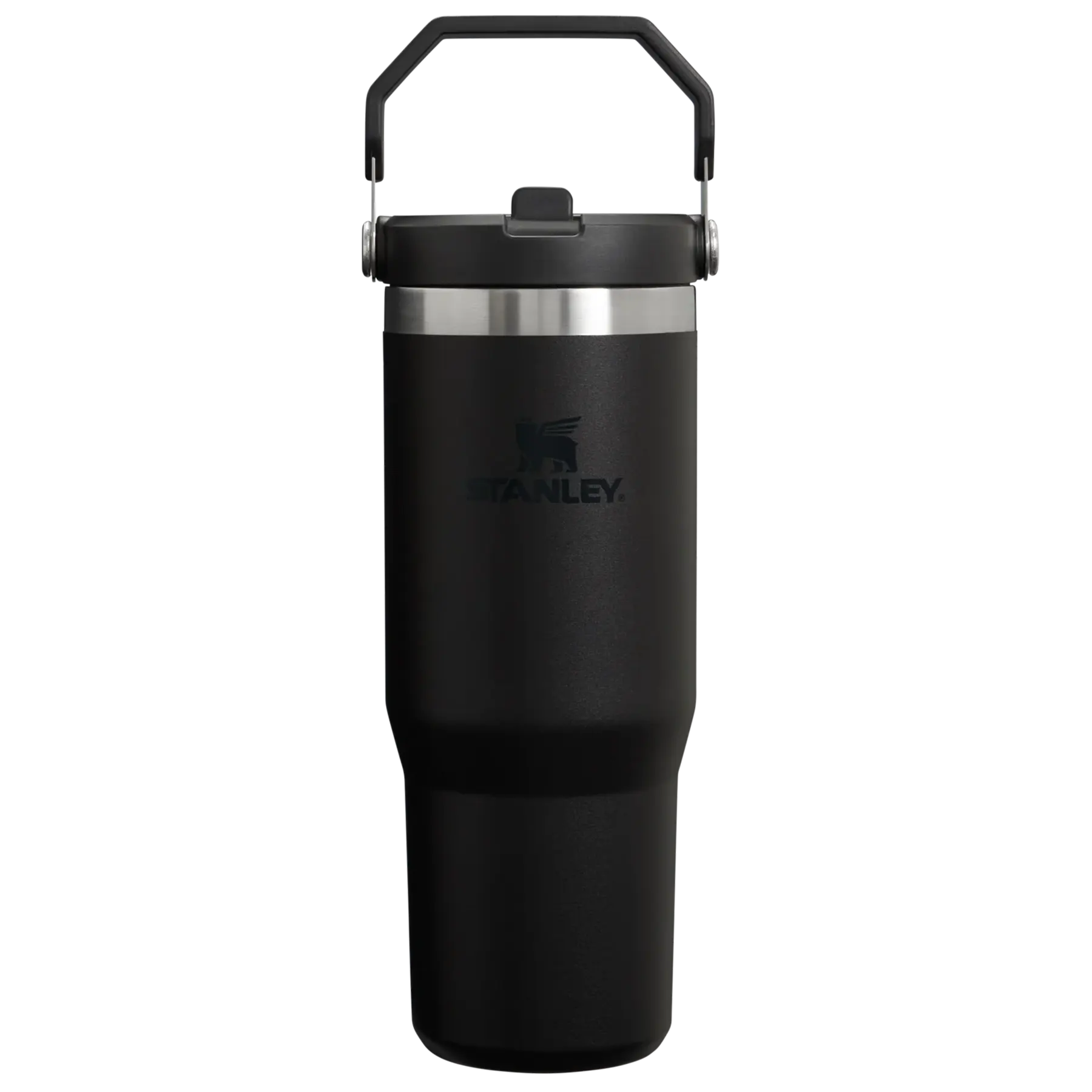 Back of black Stanley IceFlow 30 oz insulated tumbler with straw lid
