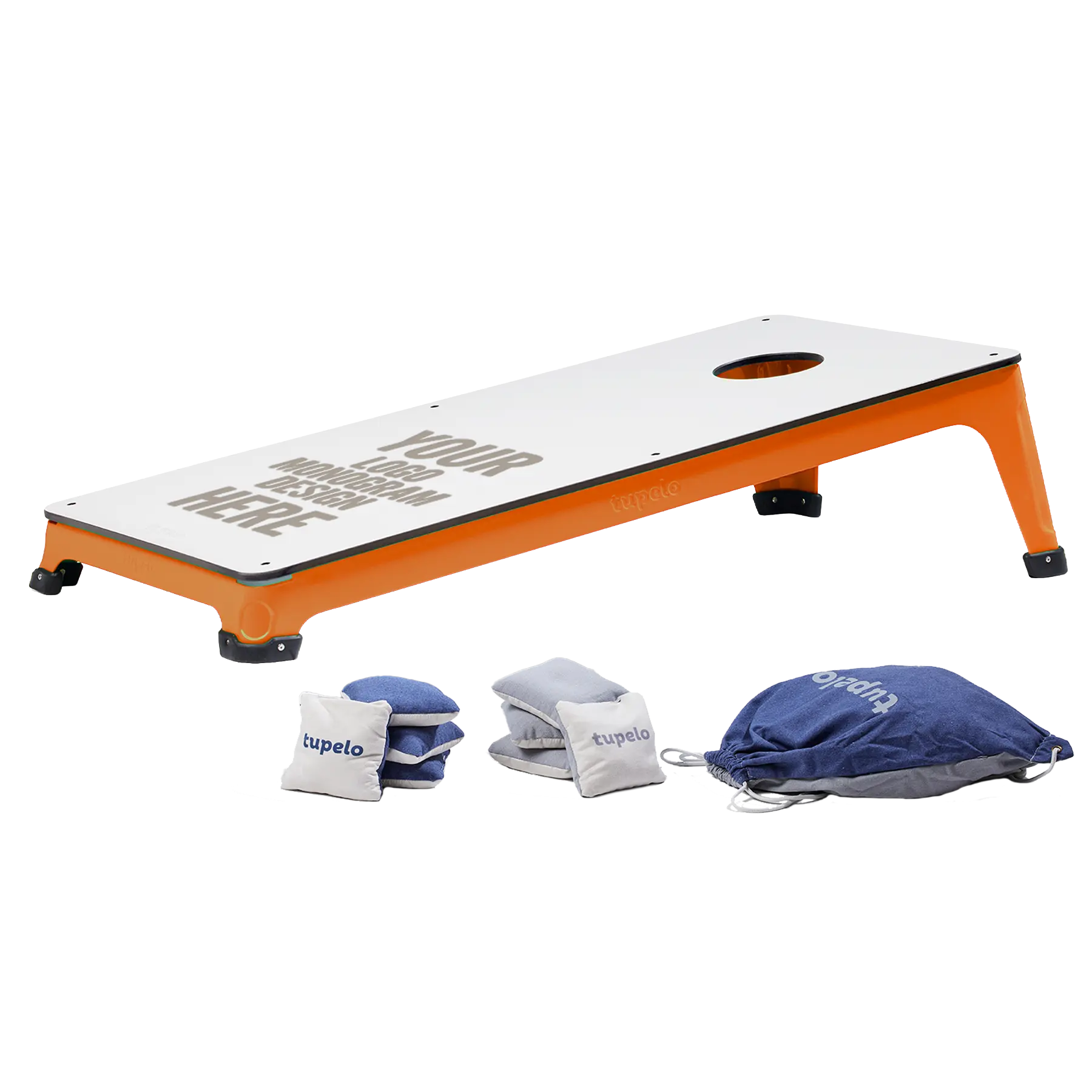 Custom laser etched vintage orange Tupelo Goods all-weather cornhole set. Customized with your logo, monogram, or design.