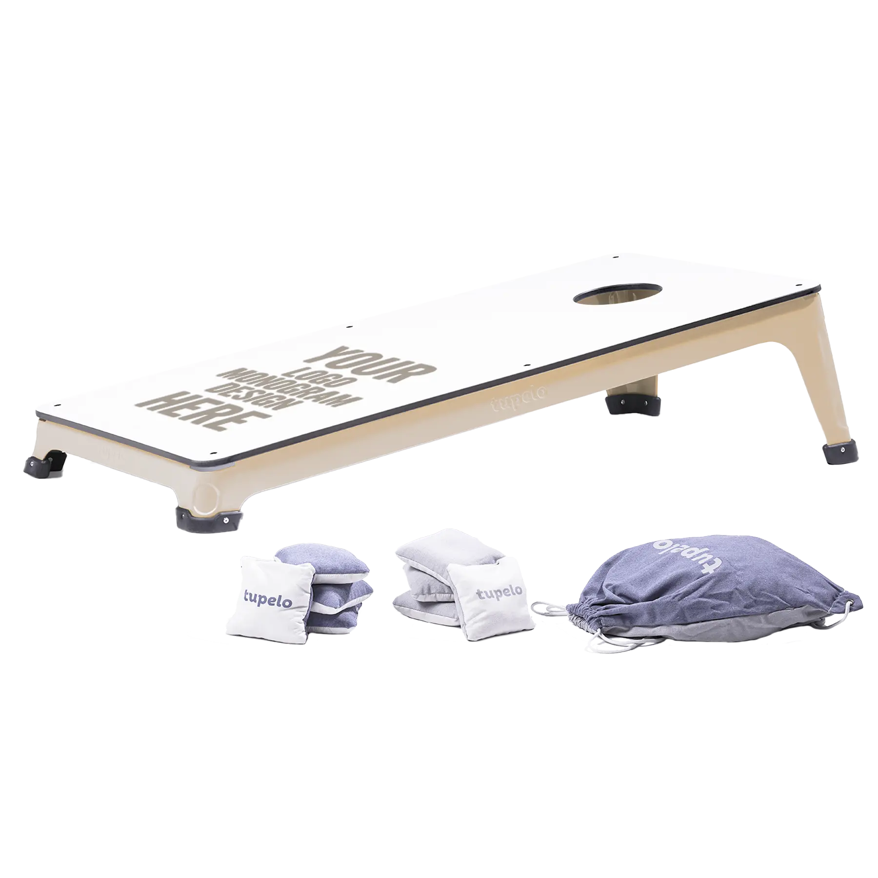 Custom laser etched gray Tupelo Goods all-weather cornhole set. Customized with your logo, monogram, or design.