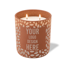 Customized clay, leafy pattern Wild Journey 12 oz Studio luxury candle with laser etched logo or design